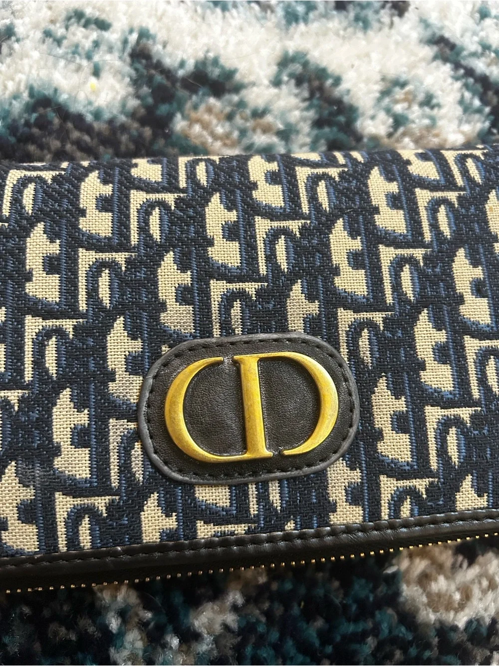 Dior Navy and Cream Jacquard Zip Wallet with Gold Logo